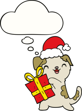 Noel hediyeli şirin bir çizgi film köpeği ve bir insan tarafından çizilmiş düşünce baloncuklu bir şapka.