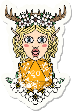 Bir insan tarafından çizilmiş nautral yirmilik zarlı bir Elf Druid karakterinin grunge sticker 'ı.