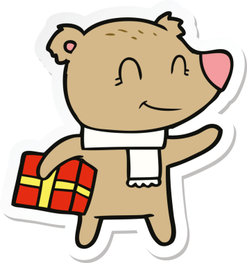 Bir insan tarafından çizilmiş Noel hediyesi ve eşarplı dost bir ayının çıkartması.