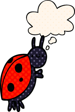 Çizgi roman tarzında bir insan tarafından çizilmiş düşünce balonlu uğur böceği çizgi filmi.