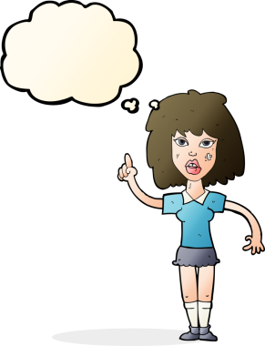 Düşünce baloncuğu bir insan tarafından çizilmiş sert bir kadın çizgi filmi.