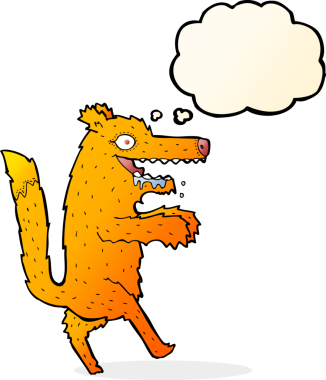 Bir insan tarafından çizilmiş düşünce balonlu çizgi film aç tilkisi.