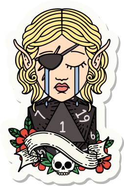 Hüzünlü bir elf karakterinin çıkartması. İnsan tarafından çizilmiş doğal bir d20 rulo.