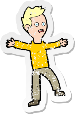 Çizgi filmin gerilimli retro çıkartması bir insan tarafından çizilmiş korkmuş çocuk.