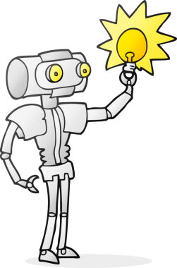 Bir insan tarafından çizilmiş ampullü karikatür robotu.