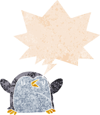 grunge 'da konuşma balonu olan karikatür pengueni bir insan tarafından çizilmiş tedirgin geçmiş dokulara sahip.