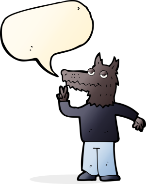 Bir insan tarafından çizilmiş konuşma balonlu mutlu kurt adam.