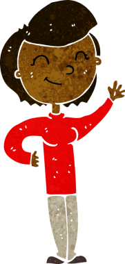 Bir insan tarafından çizilmiş, çizgi film dostu el sallayan kadın.