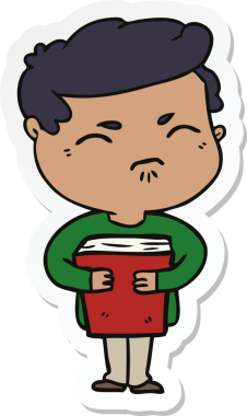 Çizgi film çıkartması. Bir insan tarafından çizilmiş kitabı olan rahatsız bir adam.