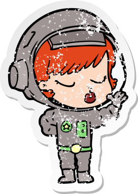 Bir karikatür çıkartması. Bir insan tarafından çizilmiş güzel astronot kız.