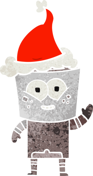 Mutlu el çizimi robot el sallaması bir insan tarafından çizilmiş Noel Baba şapkası.