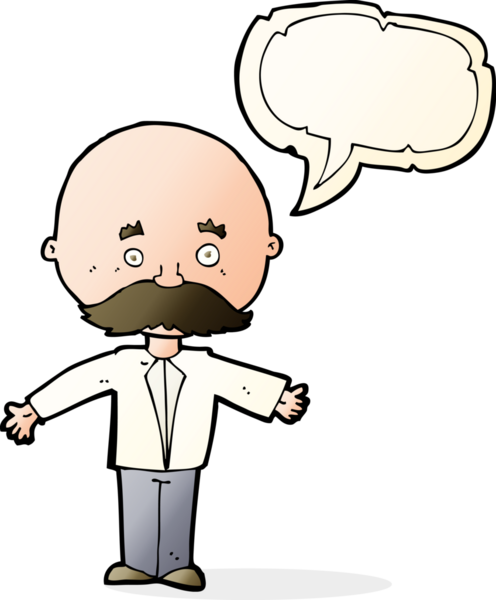 Bir insan tarafından çizilmiş konuşma balonlu bıyıklı bir çizgi film adamı.