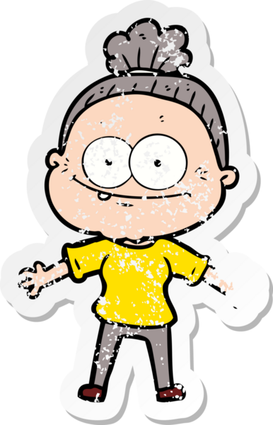 Bir insan tarafından çizilmiş mutlu, yaşlı bir kadının sıkıntılı çıkartması.