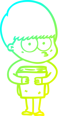 Bir insan tarafından çizilmiş bir kitabı tutan gergin bir çizgi film çocuğunun çizimi.