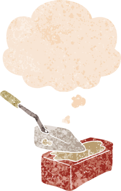 Düşünce baloncuğu ve grunge ile karton tuğla döşeme sıkıntılı retro stil bir insan tarafından çizilmiş