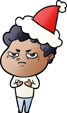 Bir insan tarafından çizilmiş Noel Baba şapkası giymiş kızgın bir adamın el çizimi karikatürü.