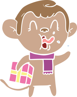 Çılgın düz renkli çizgi film maymunu Noel hediyesi olarak bir insan tarafından çizilmiş.