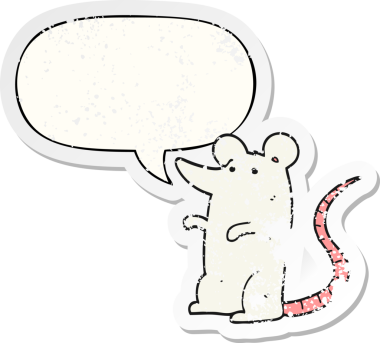 Konuşma baloncuğu olan çizgi film faresi bir insan tarafından çizilmiş sıkıntılı eski bir çıkartma