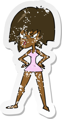 Bir insan tarafından çizilmiş kızgın kadın karikatürünün gerilimli çıkartması.