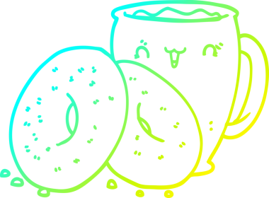 Bir insanın çizdiği kahve ve çöreğin soğuk gradyan çizimi.