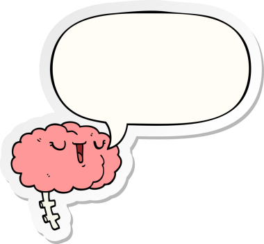 Bir insan tarafından çizilmiş konuşma kabarcığı çıkartmalı mutlu çizgi film beyni.