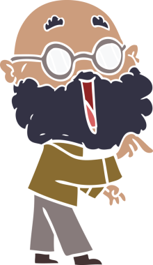 Düz renkli çizgi film, neşeli, sakallı, bir insan tarafından çizilmiş bir adam.