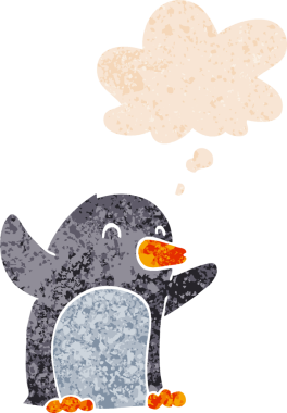 Karikatür penguenleri heyecanlandırdı. Düşünce baloncuğu, grunge, sıkıntılı retro stili bir insan tarafından çizilmiş.