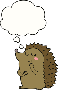 Bir insan tarafından çizilmiş düşünce baloncuklu şirin bir kirpi.