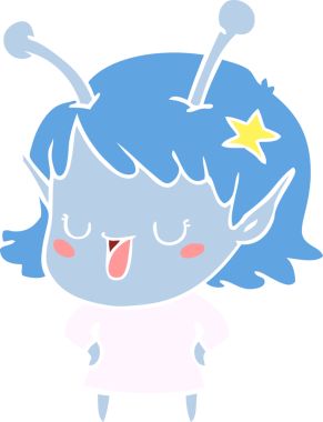 Mutlu uzaylı kız düz renkli çizgi film bir insan tarafından çizildi.