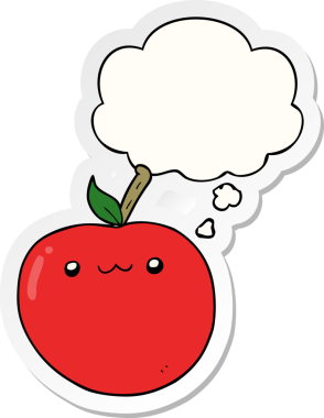 Düşünce baloncuğu insan tarafından çizilmiş bir çıkartma olan şirin bir elma.