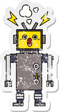 Bir insan tarafından çizilmiş arızalı bir robot çizgi film çıkartması.