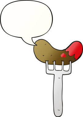 Çizgi film sosisi çatal üzerinde konuşma baloncuğu ile bir insan tarafından çizilmiş düzgün gradyan stil.