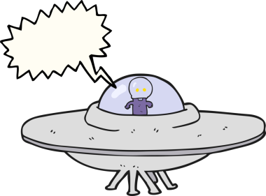 Bir insan tarafından çizilmiş serbest konuşma balonu karikatürü uzaylı uçan daire.