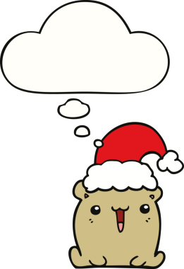 Bir insan tarafından çizilmiş düşünce baloncuklu Noel şapkalı şirin çizgi film ayısı.