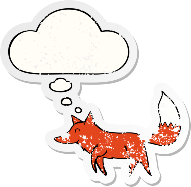 Düşünce baloncuğu olan karikatür kurdu, bir insan tarafından çizilmiş yıpranmış bir çıkartma.