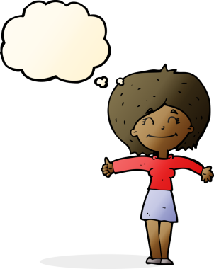 Bir insan tarafından çizilmiş düşünce baloncuğuyla baş parmak işareti yapan çizgi film kadını.