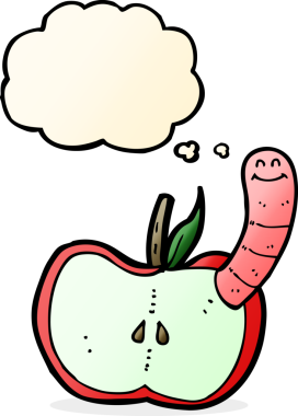 Bir insan tarafından çizilmiş düşünce baloncuğu solucanlı çizgi film elması