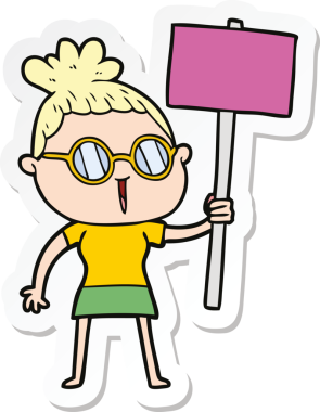 Bir insan tarafından çizilmiş gözlüklü bir karikatür kadının çıkartması.