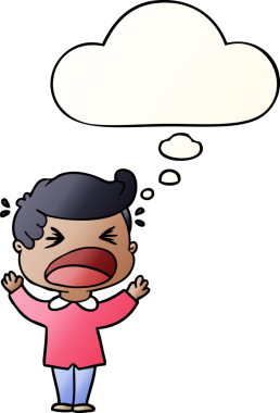 Düşünce baloncuğu olan, bir insan tarafından çizilmiş karikatür bağıran adam.