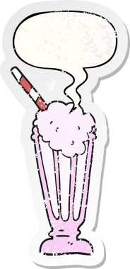 bir insan tarafından çizilmiş sıkıntılı eski etiketli, konuşma balonlu karikatür milkshake 'i.