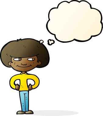 Çizgi film çocuğu, elleri kalçasında, düşünce baloncuğu çizen bir insan tarafından çizilmiş.