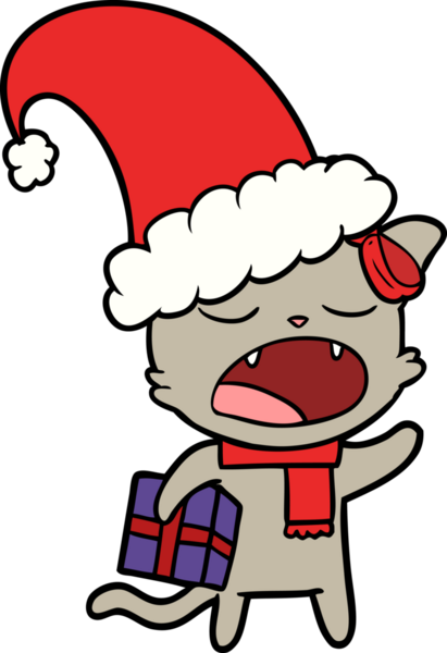 Bir insan tarafından çizilmiş Noel hediyeli çizgi film kedisi.