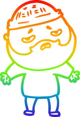 Bir insan tarafından çizilmiş sakallı, endişeli bir çizgi film çizimi.