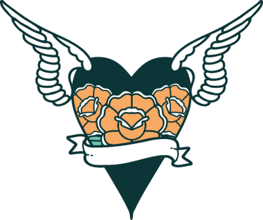 Bir insan tarafından çizilmiş çiçek ve bayrak ile uçan bir kalbin ikonik dövme görüntüsü