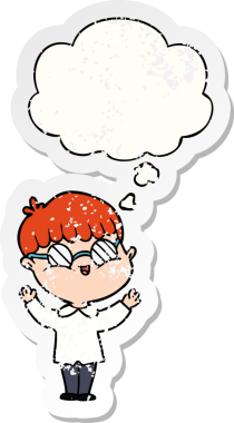 Düşünce baloncuklu gözlük takan çizgi film çocuğu bir insan tarafından çizilmiş yıpranmış bir çıkartma gibi.