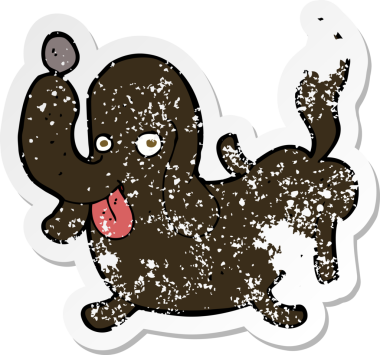 Bir insan tarafından çizilmiş dilden fırlayan çizgi film köpeğinin gerilmiş yapıştırması.