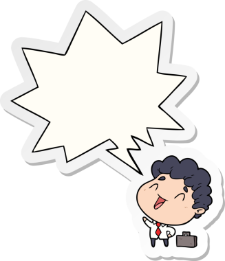 Bir insan tarafından çizilmiş konuşma balonu çıkartması olan sevimli bir karikatür işadamı.