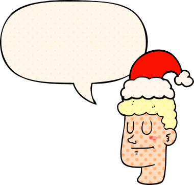 Çizgi roman tarzında bir insan tarafından çizilmiş, noel şapkalı, konuşma baloncuklu bir adam.