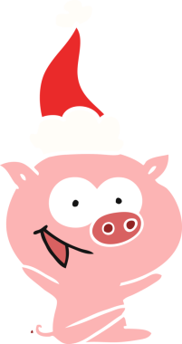 Neşeli domuz eli düz renk çizilmiş Noel Baba şapkası giyen bir insan tarafından çizilmiş.
