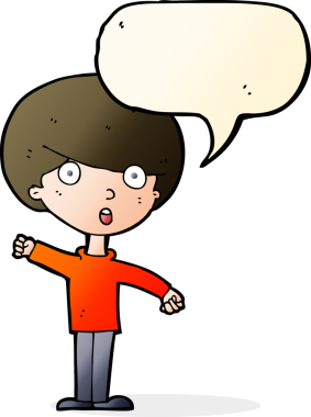 Bir insan tarafından çizilmiş konuşma balonuyla şok olmuş bir çocuk.